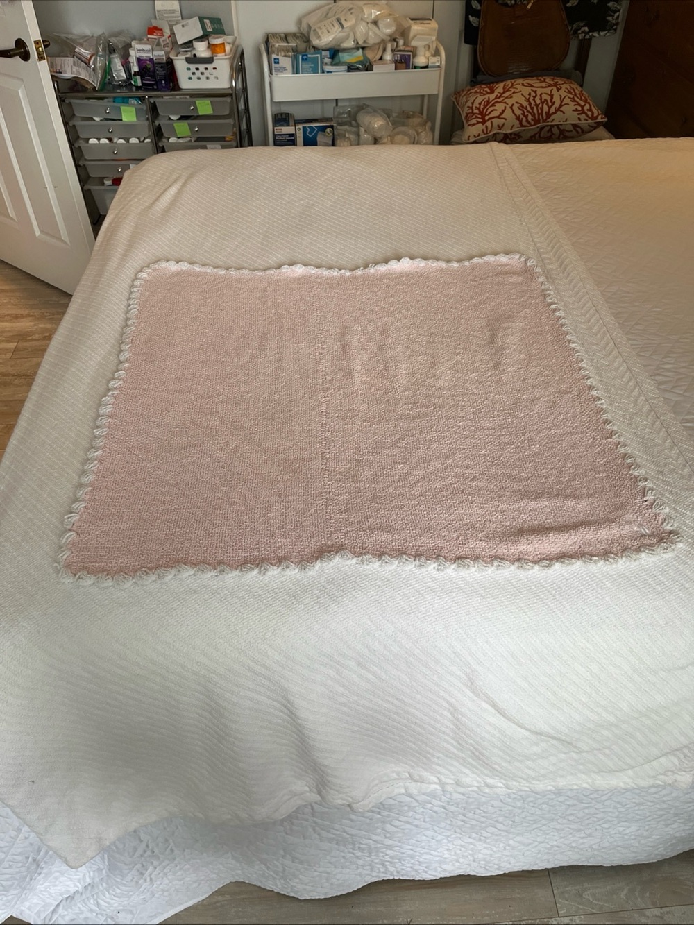 Soft Baby Pink Chenille Baby Blanket with White Scalloped Trim